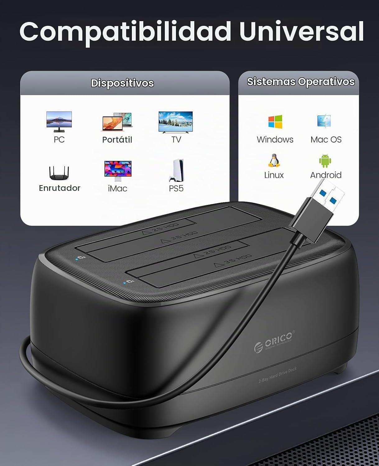 ORICO Estación de acoplamiento de disco duro de doble bahía USB 3.0 a SATA III para disco duro de 3.5 pulgadas máx. hasta 40 TB Soporte 